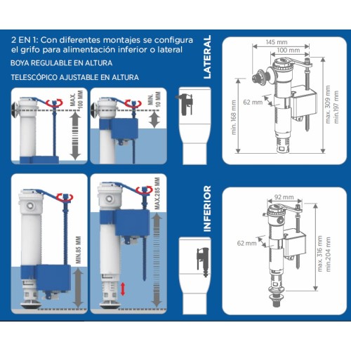 Grifo flotador compacto Duo Servo orientable alimentación lateral o inferior