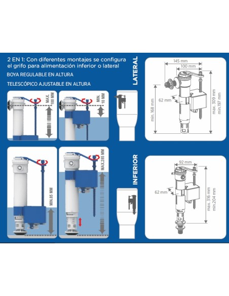 Grifo flotador compacto Duo Servo orientable alimentación lateral o inferior