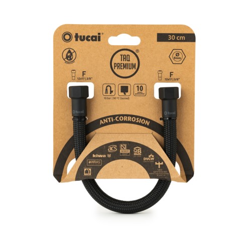 Latiguillo TAQ PREMIUM trenzado negro racorería negro mate HH 3/8" 30 cm