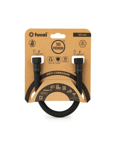 Latiguillo TAQ PREMIUM trenzado negro racorería negro mate HH 3/8" 30 cm