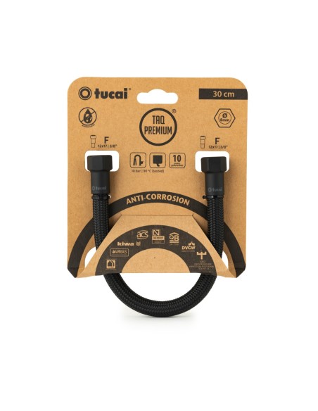 Latiguillo TAQ PREMIUM trenzado negro racorería negro mate HH 3/8" 50 cm