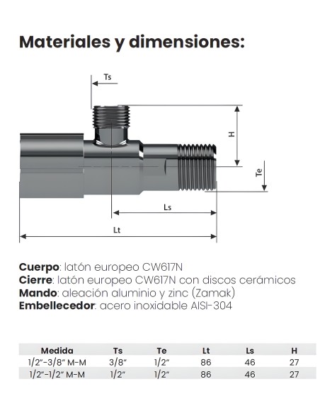 Válvula de escuadra C850 PREMIUM blanco mate macho-macho 1/2" x 3/8"