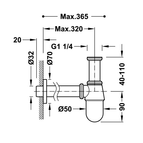 Sifón telescópico tipo botella inspeccionable para lavabo acabado acero