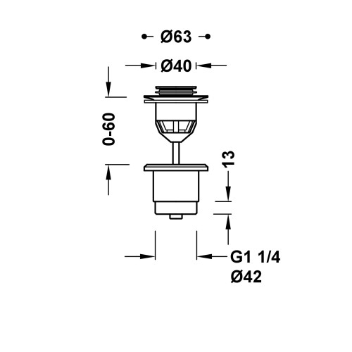 Esquema medidas válvula de desagüe Click-Clack Simple-Rapid para lavabo acabado cromado brillante 