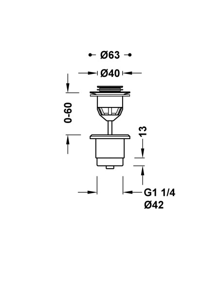 Esquema medidas válvula de desagüe Click-Clack Simple-Rapid para lavabo acabado cromado brillante 