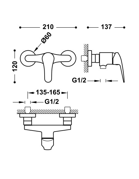 Grifo Base-Tres Plus monomando para ducha con complementos