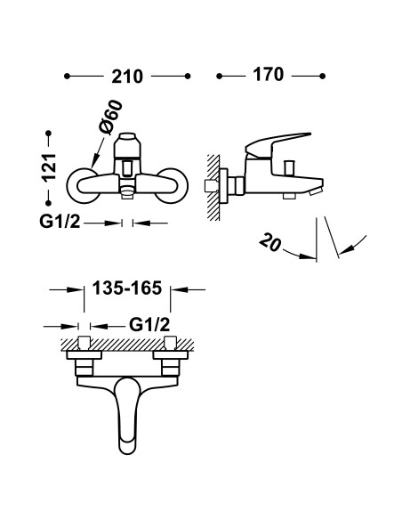 Grifo Base-Tres Plus monomando para bañera y ducha