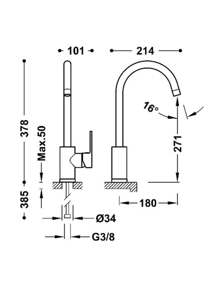 Grifo monomando vertical con caño en arco para cocina Base-Tres Plus